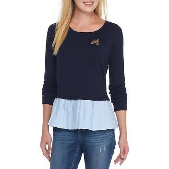 Crown & Ivy Women Top Navy Blue Queen Bee Patch Layer Shirt Peplum 0X XL C214 - Picture 2 of 10